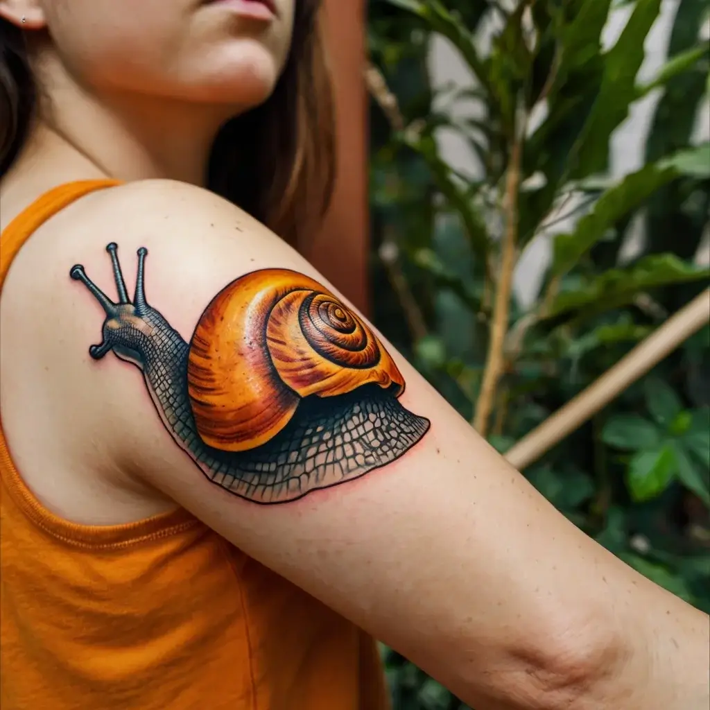 Realistic snail tattoo on upper arm, featuring vibrant orange shell and detailed shading, enhancing texture and depth.