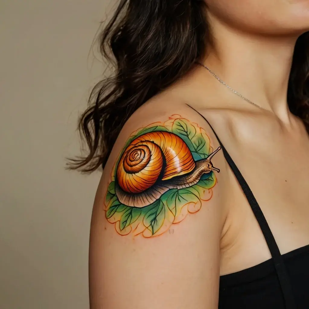 A vibrant snail tattoo on shoulder with detailed orange shell, green leaves, and delicate shading for a lifelike effect.