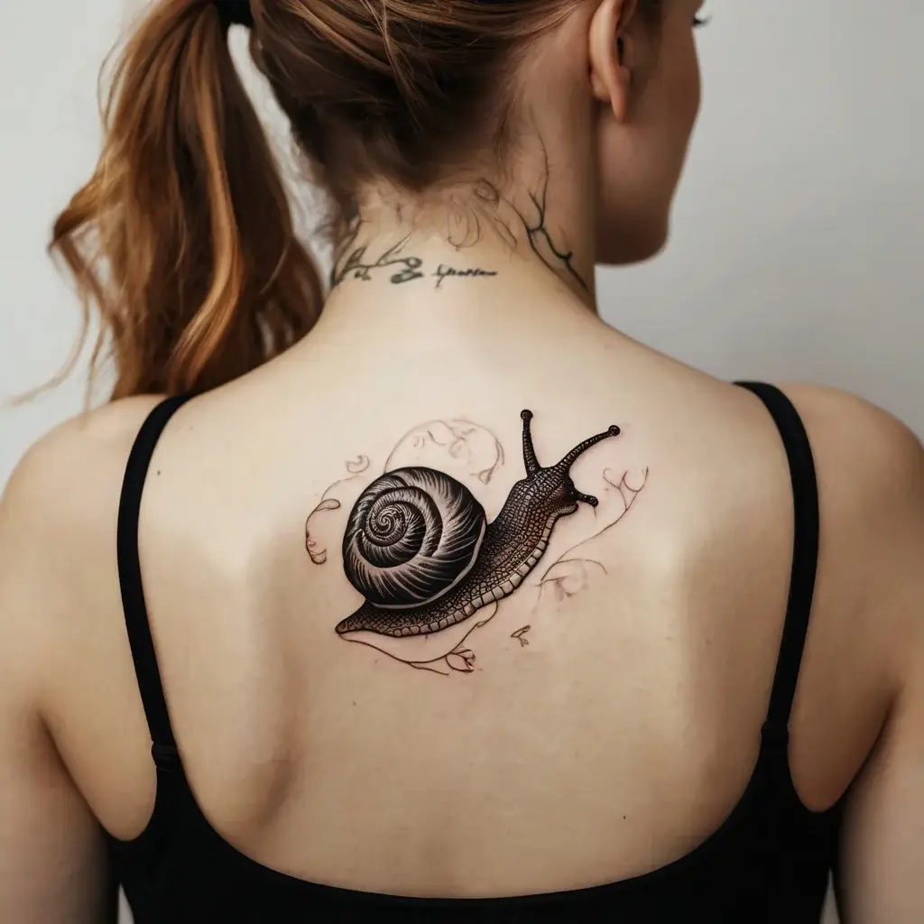 Realistic snail tattoo with intricate shell detail and leaves, placed on upper back. Simple black and gray design.