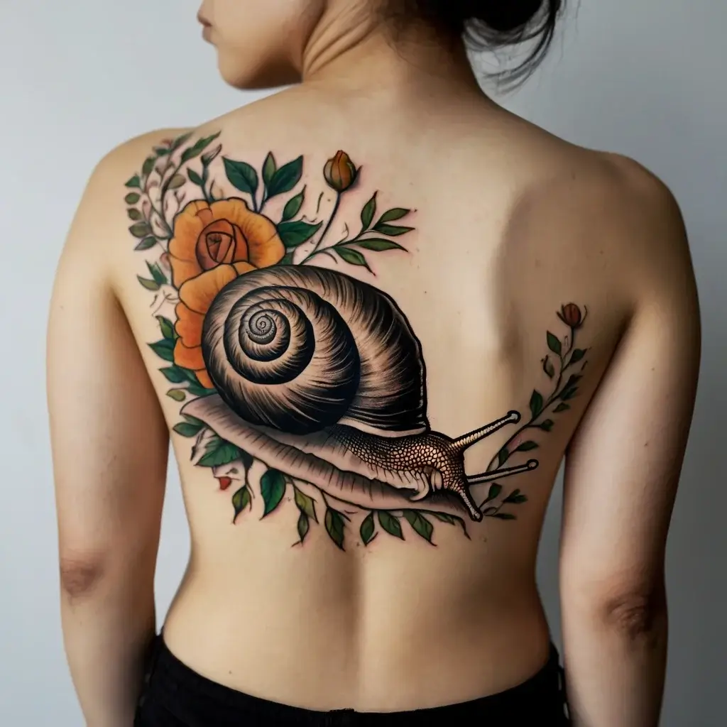 A detailed tattoo of a snail with an ornate shell, surrounded by lush roses and leaves, covering the person's back.