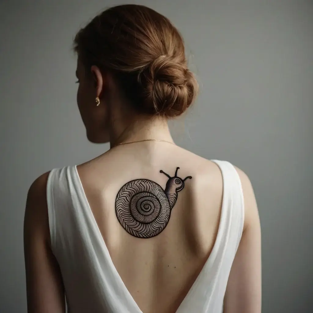 Snail tattoo with intricate spiral shell and bold outlines, centered on the upper back for a unique, whimsical design.