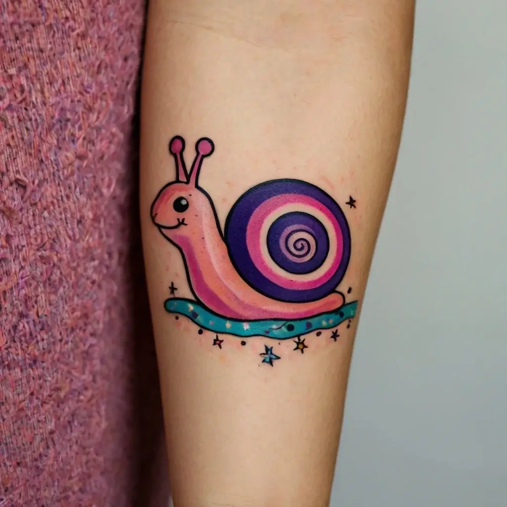 Vibrant tattoo of a smiling pink snail with a spiraled purple shell, surrounded by small stars and dots on the forearm.