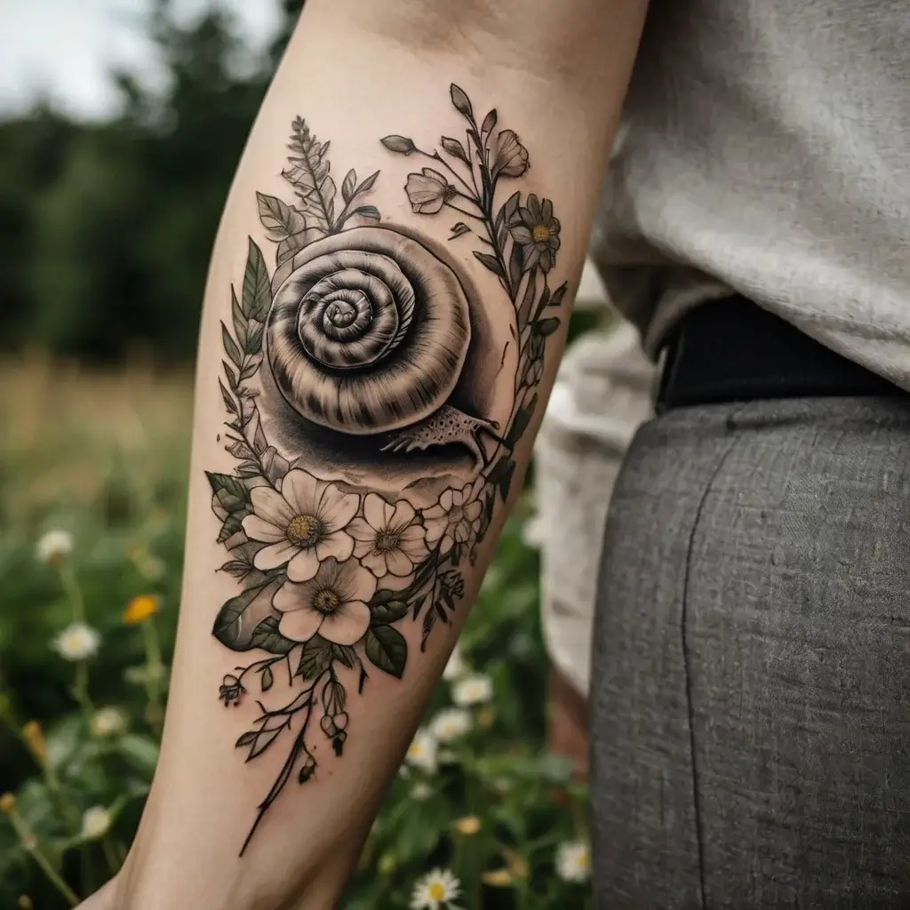 Realistic snail tattoo entwined with detailed flowers and leaves, creating a harmonious nature-themed forearm design.