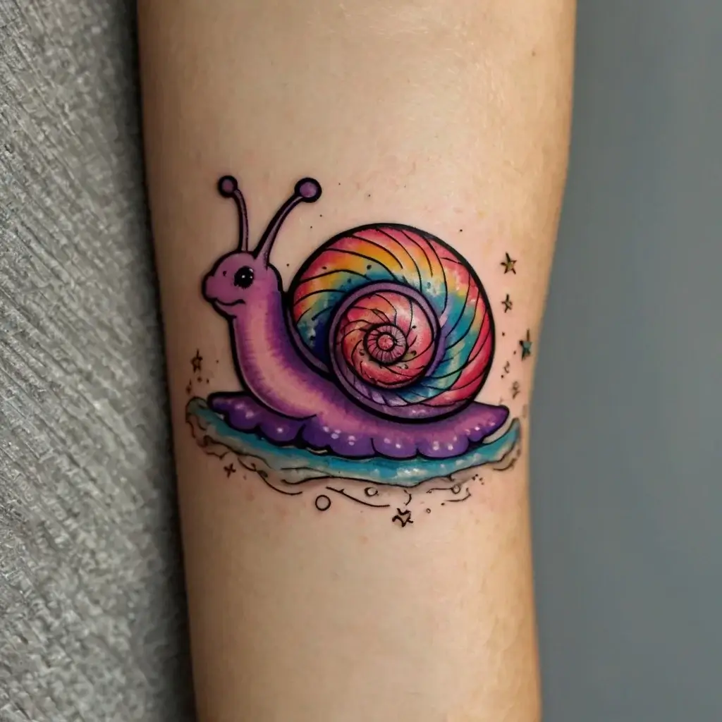 Vibrant tattoo of a purple snail with a rainbow shell, surrounded by tiny stars, perched on a blue puddle.