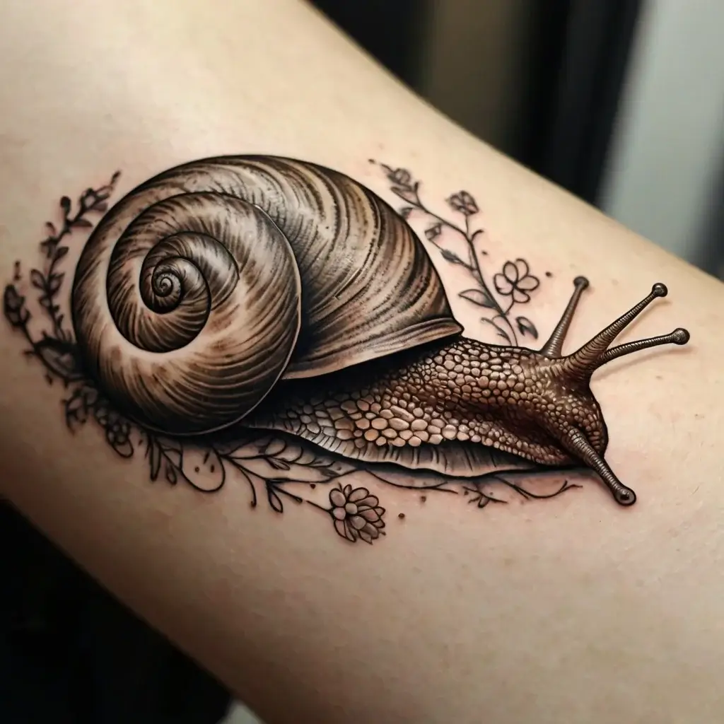 Realistic snail tattoo with intricate shell details, surrounded by delicate flowers and leaves, symbolizing patience.