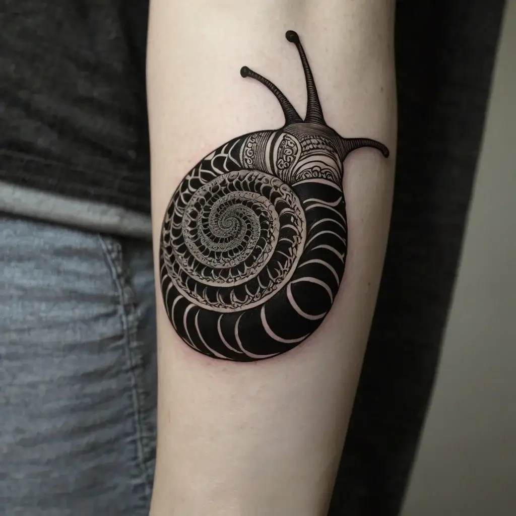 Intricate spiral snail tattoo with ornate geometric patterns, blending bold black lines and delicate detailing on forearm.