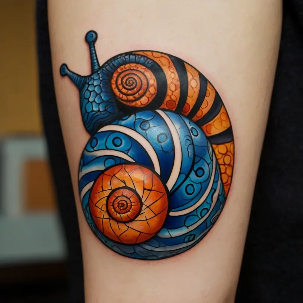 Colorful snail tattoo with intricate blue and orange shell patterns, blending geometric and natural elements.