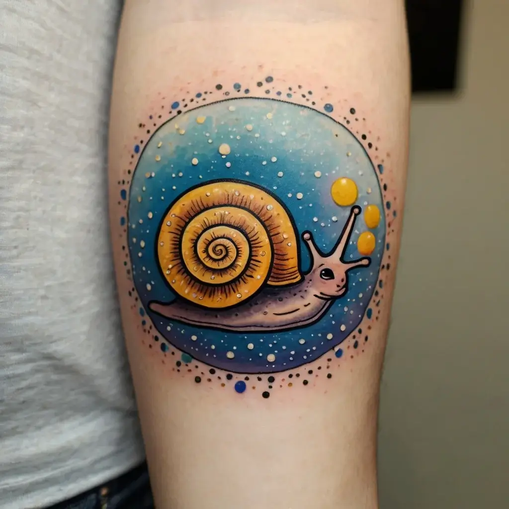 Colorful snail tattoo with a spiral shell, vibrant blue background, and yellow bubbles, surrounded by dot work patterns.