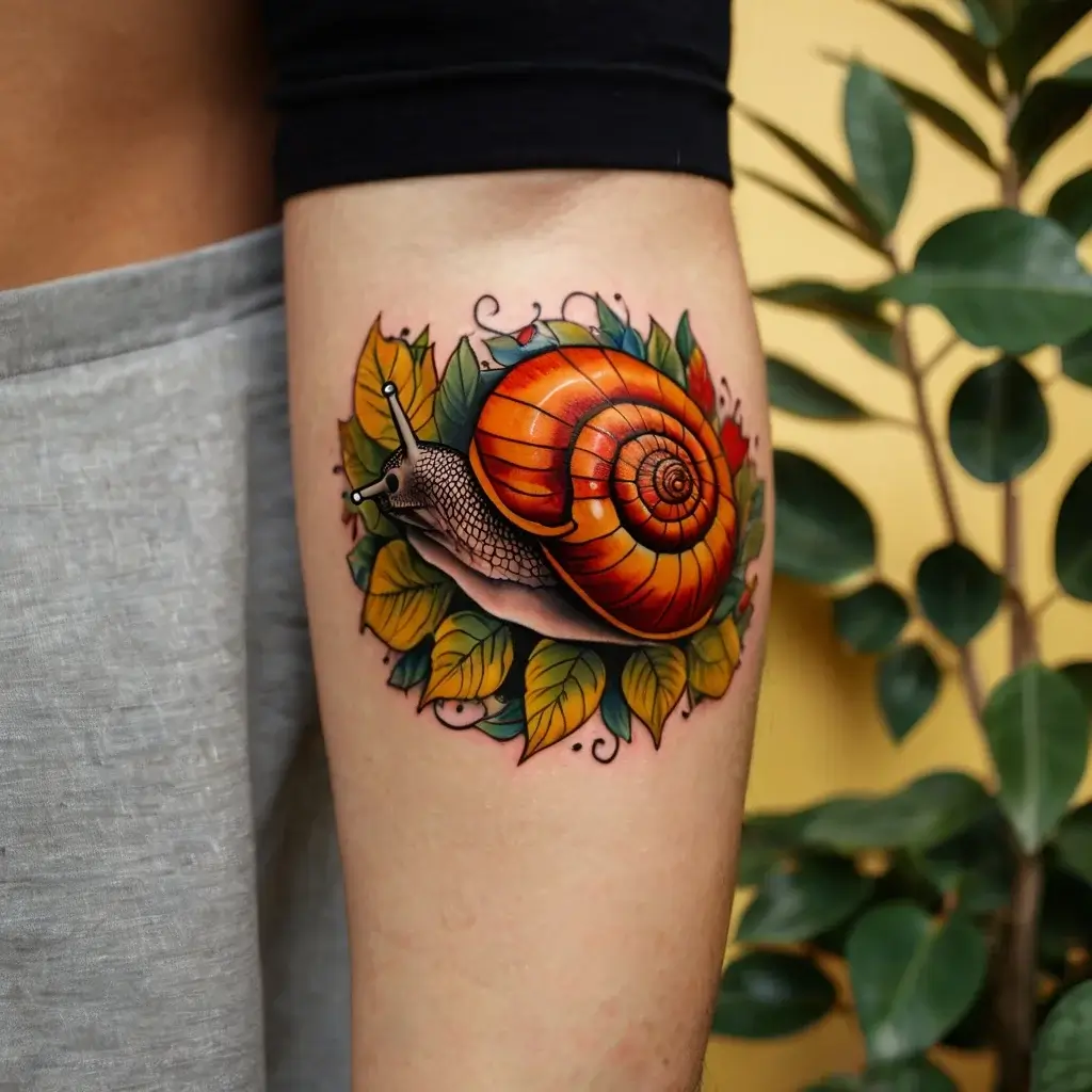 Vibrant tattoo of a snail with an orange shell, surrounded by colorful leaves, showcasing detailed shading and bold outlines.