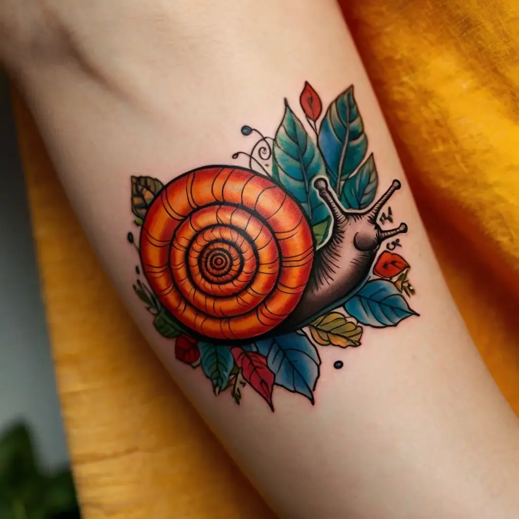 A vibrant tattoo of a snail with an orange spiral shell, surrounded by colorful leaves in blues, greens, and reds.