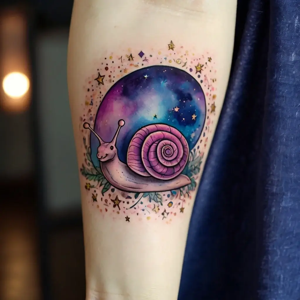 A colorful tattoo of a snail with a galaxy shell surrounded by stars and foliage, blending nature with cosmic elements.