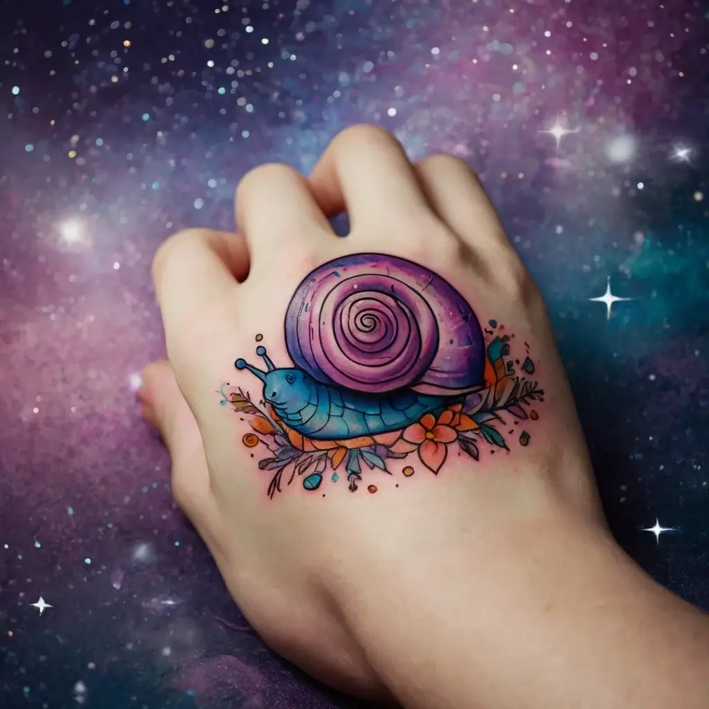 A vibrant snail tattoo on a hand, featuring a colorful shell with purples and blues, surrounded by flowers and leaves.