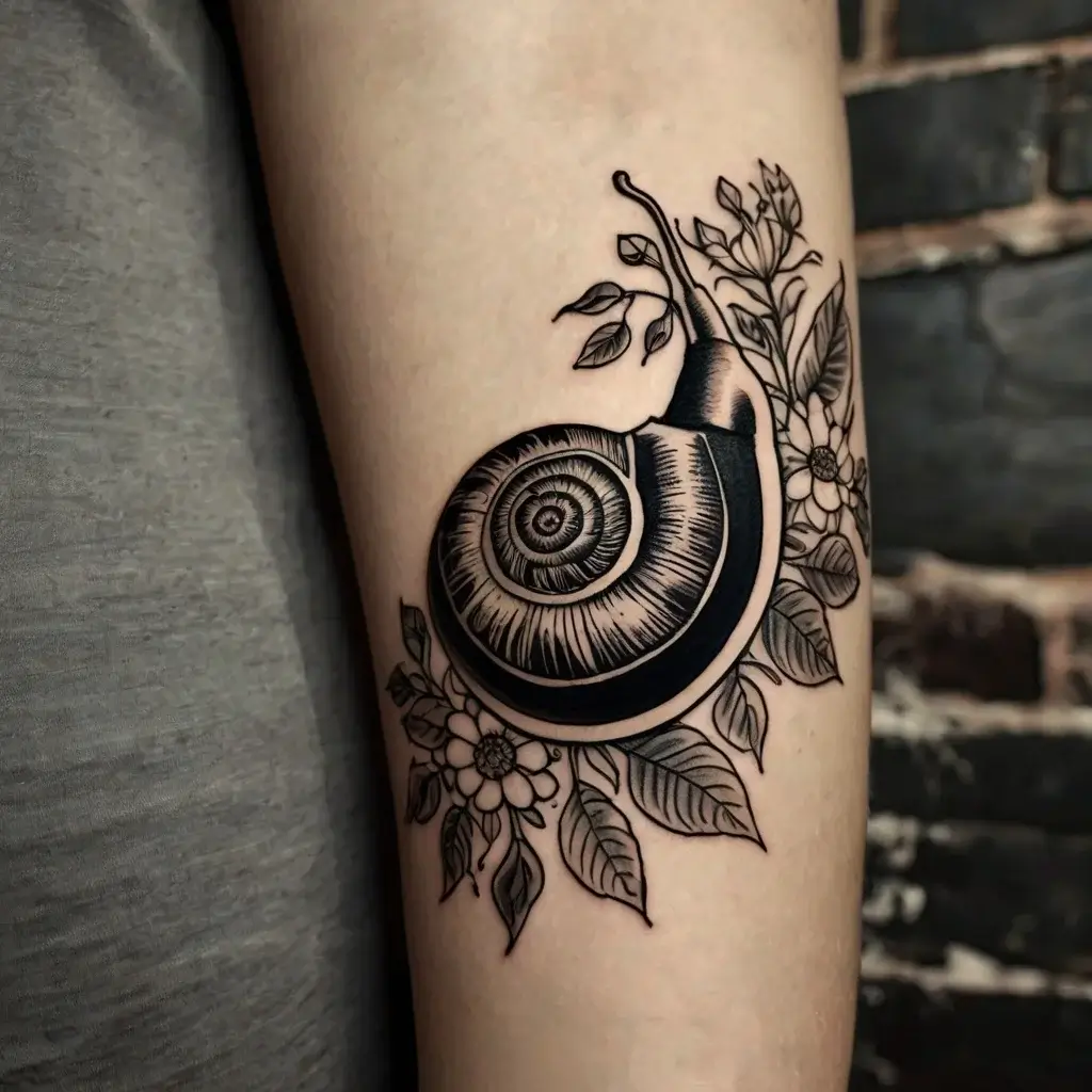 Black and gray tattoo of a snail with detailed shell, surrounded by flowers and leaves, symbolizing nature and growth.