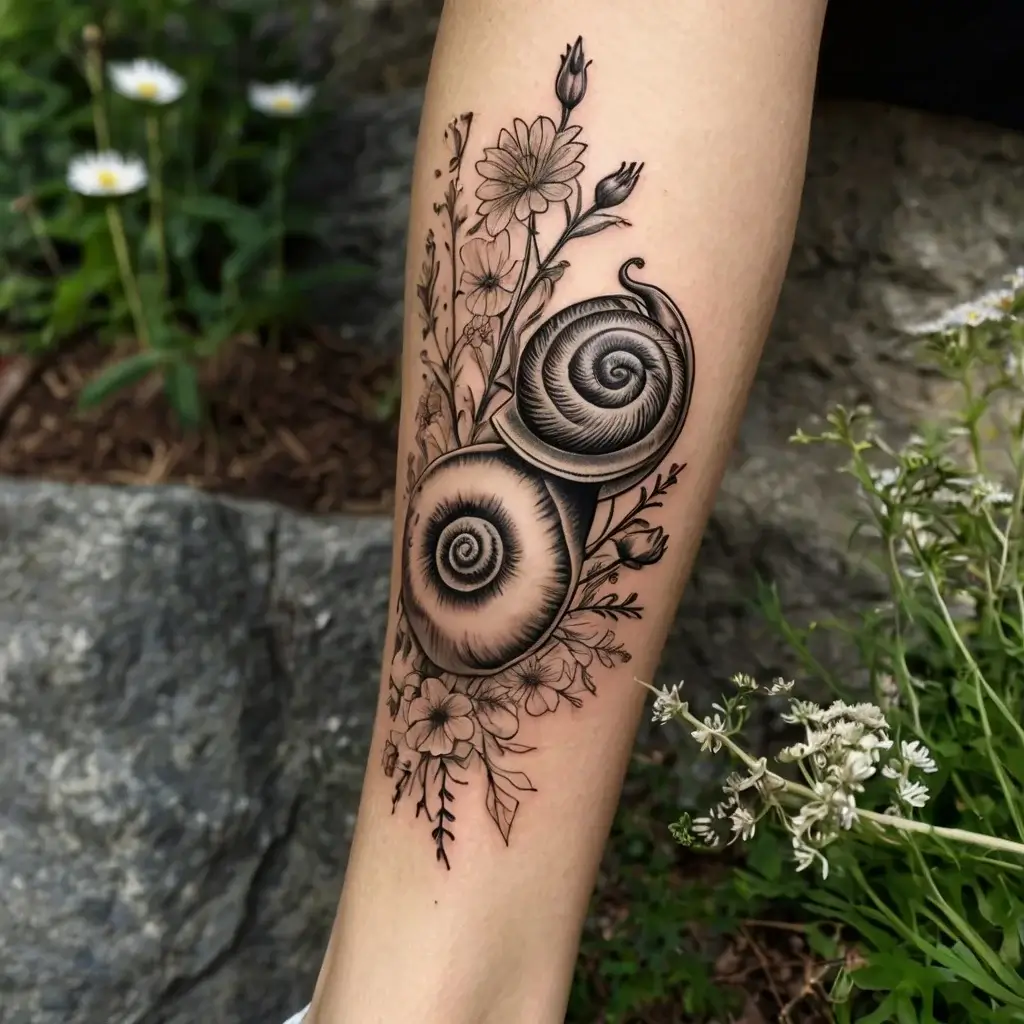 Tattoo of two spiral shells entwined with delicate wildflowers, blending natural beauty and intricate line work.