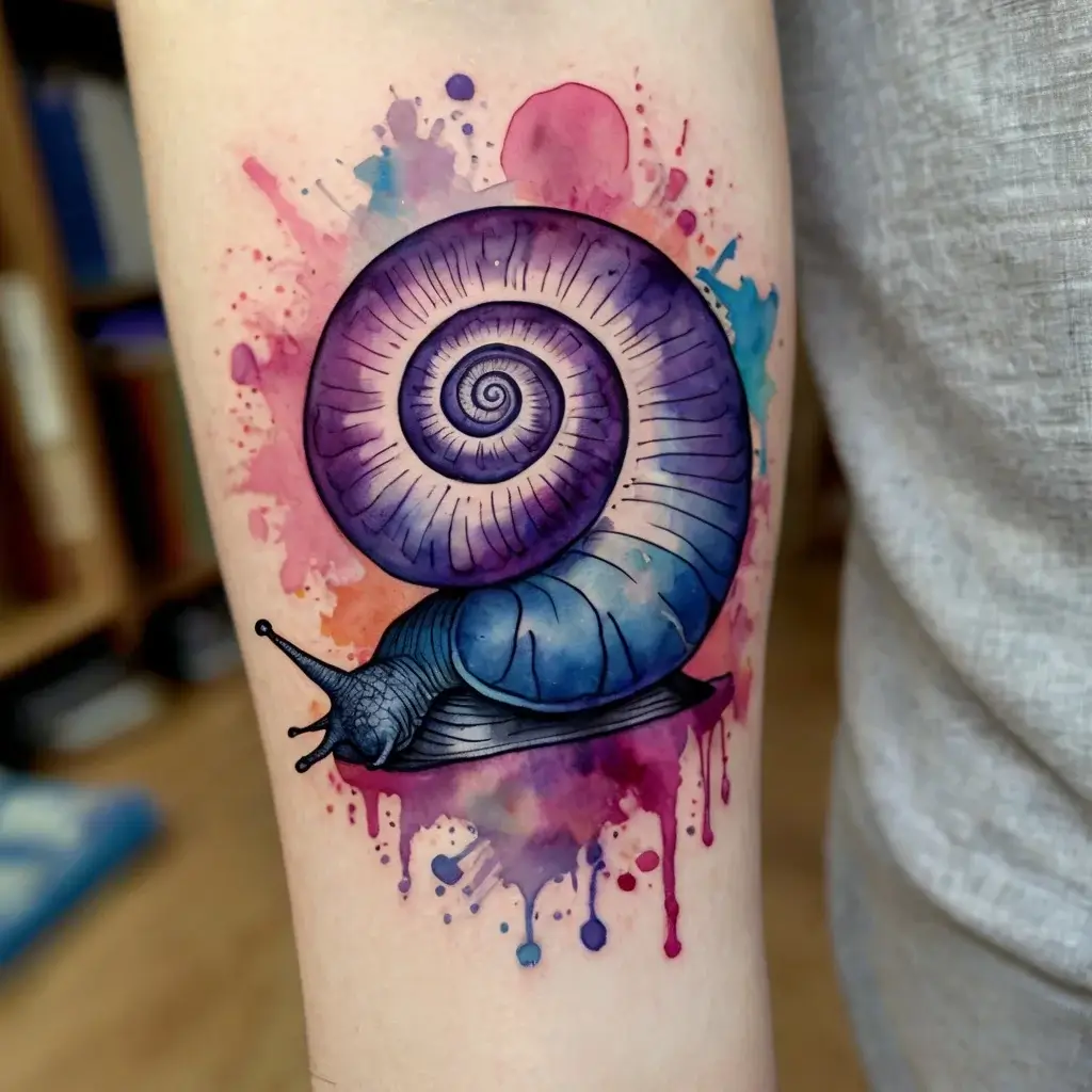 A vibrant tattoo of a snail with a spiral shell, set against a colorful watercolor splash background on the arm.