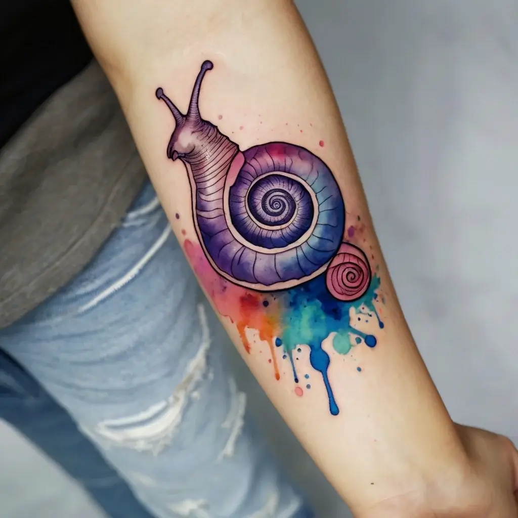 Vibrant watercolor snail tattoo with a detailed spiral shell, blending purples and blues, accented with colorful ink splatters.