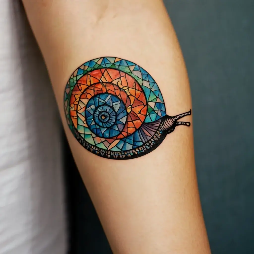 A vibrant snail tattoo with a mosaic shell of blue, orange, and green triangles on an arm, showcasing intricate geometric detail.