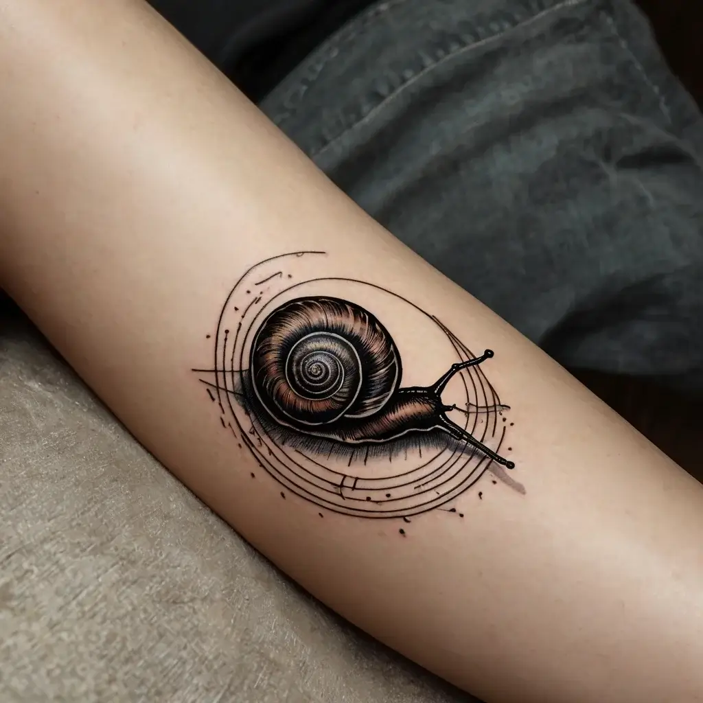 Realistic snail tattoo with intricate spiral shell and abstract circular lines, blending natural detail with modern artistry.