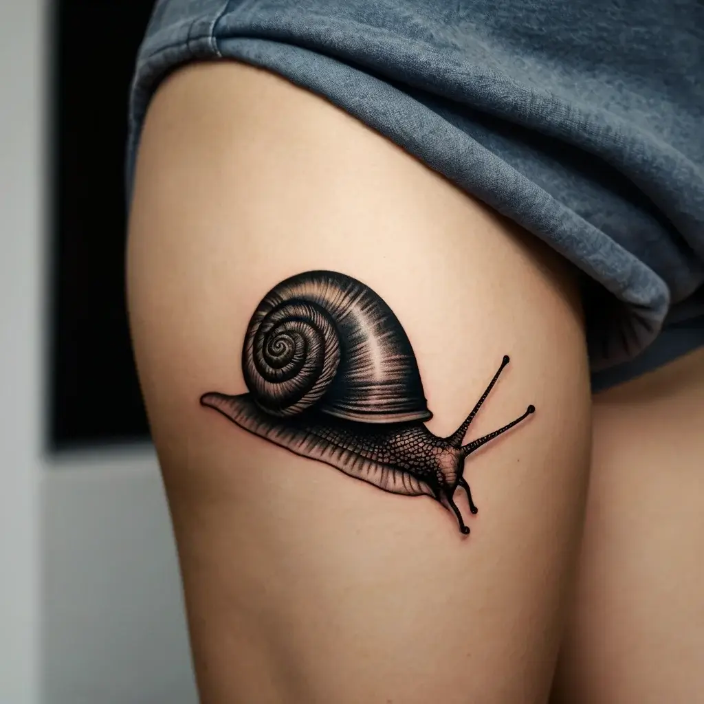 Tattoo of a detailed black and gray snail on a leg, featuring intricate shell patterns and shading for a realistic effect.