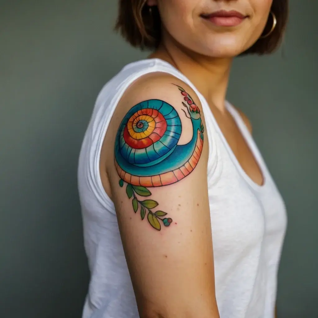 Colorful snail tattoo on upper arm, featuring a vibrant spiral shell in blue, orange, and yellow hues with green leaves.