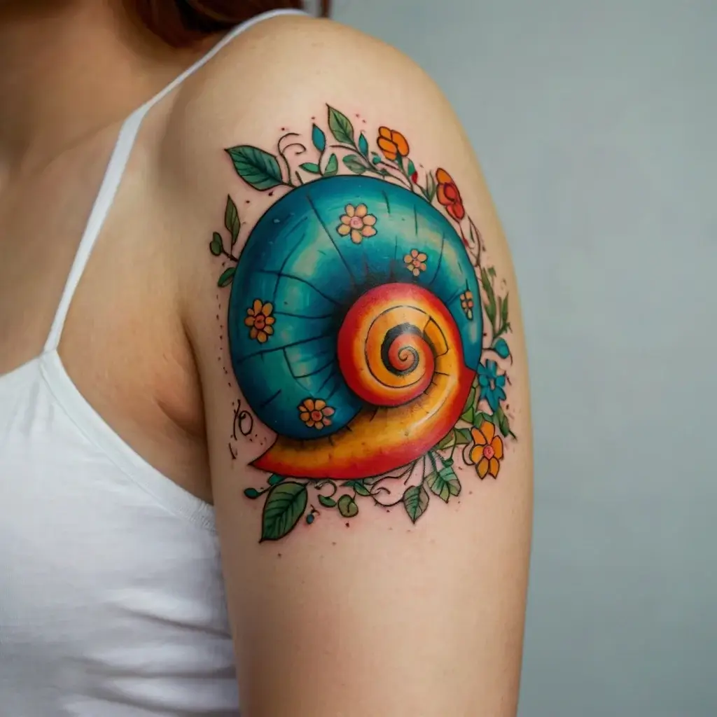 Vibrant snail shell tattoo with flowers and leaves in colorful hues on shoulder, symbolizing growth and nature.