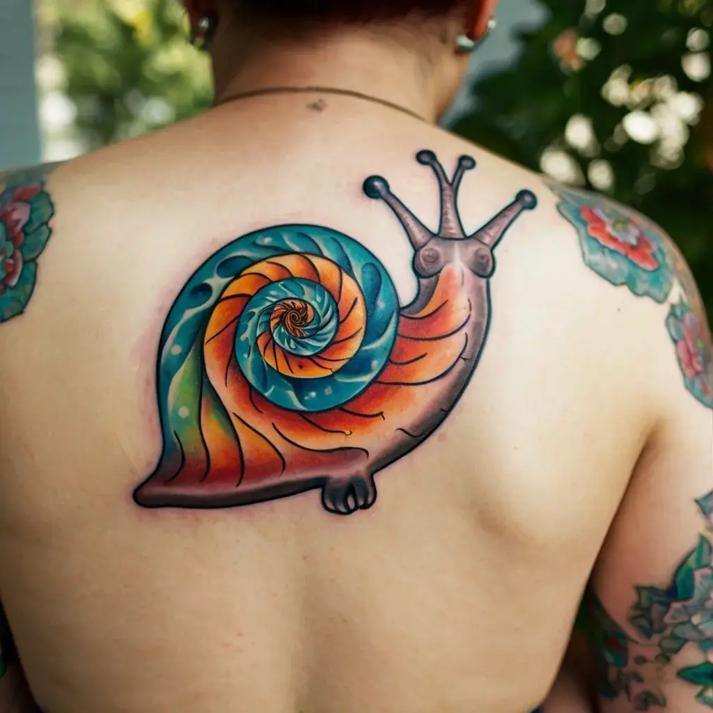 Colorful snail tattoo on back with vibrant spiral shell in orange, blue, and green hues. Surreal and eye-catching design.