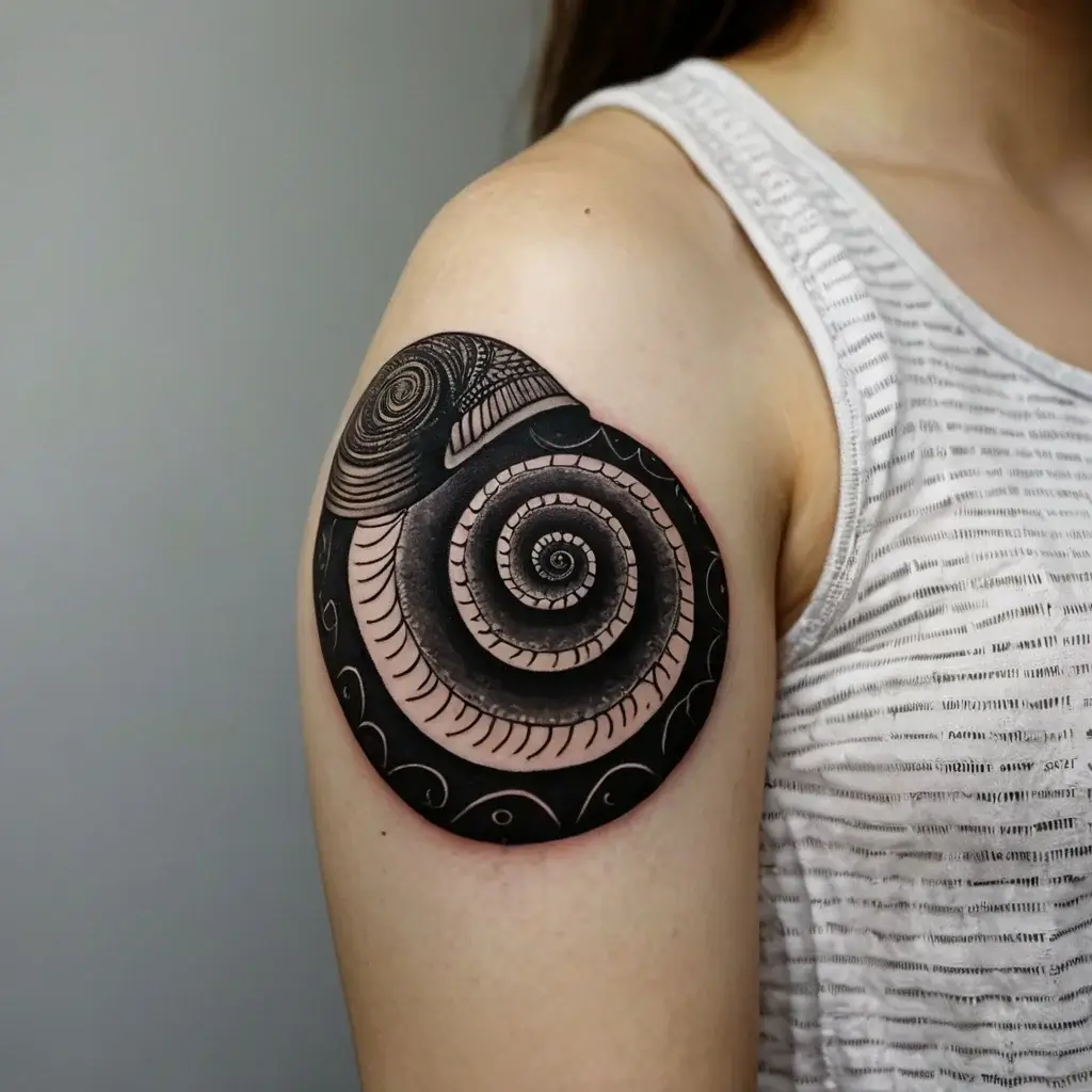 An intricate black spiral tattoo with geometric patterns on the shoulder, blending bold and fine details for texture.