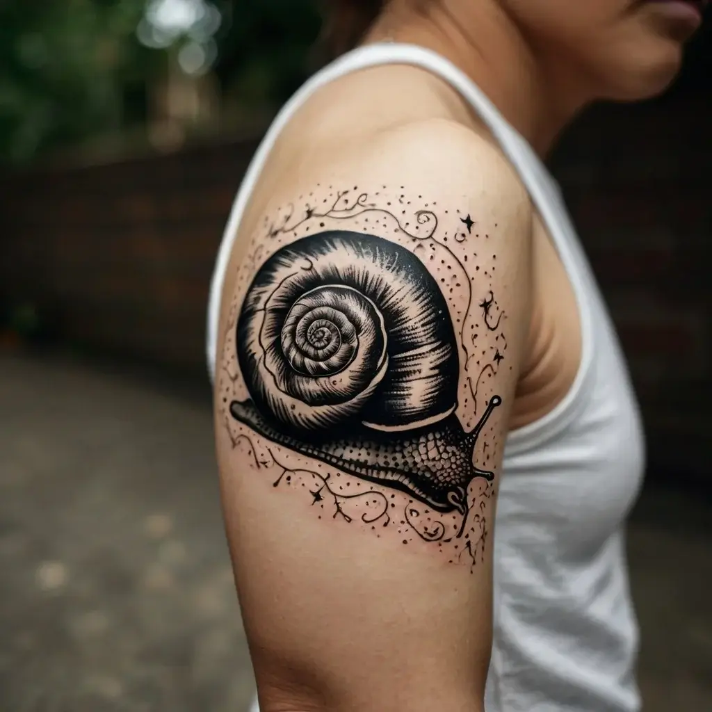 Detailed black and white snail tattoo on upper arm, surrounded by intricate dots and swirls in whimsical style.