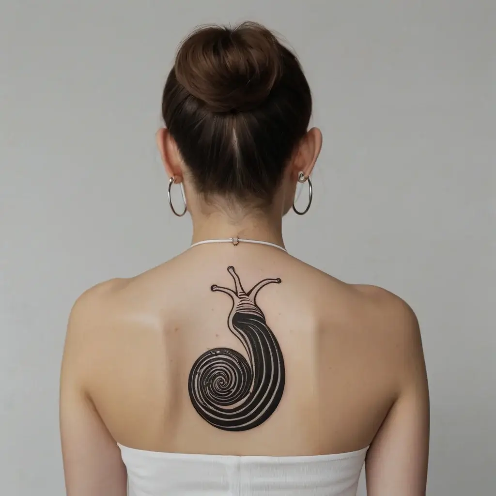 Tattoo of a minimalist snail with a spiral shell in bold black lines on the woman's upper back.