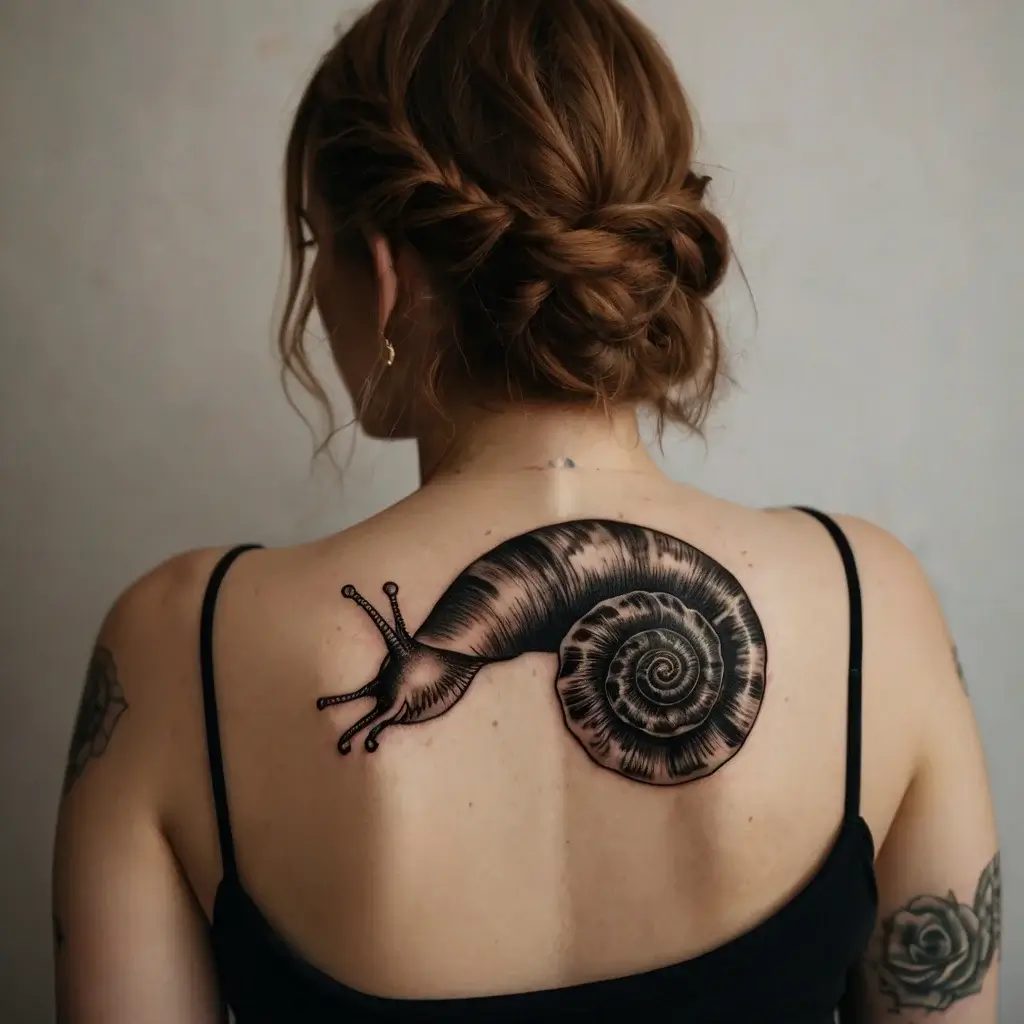 A detailed black and gray snail tattoo covers the upper back, showing intricate shell spirals and realistic body shading.