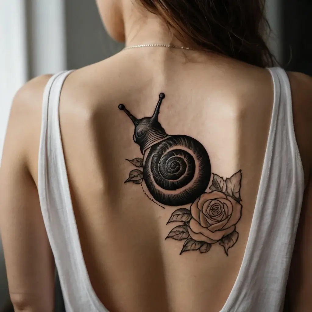 Tattoo design of a black snail with spiraled shell beside a detailed rose on upper back, symbolizing growth and patience.