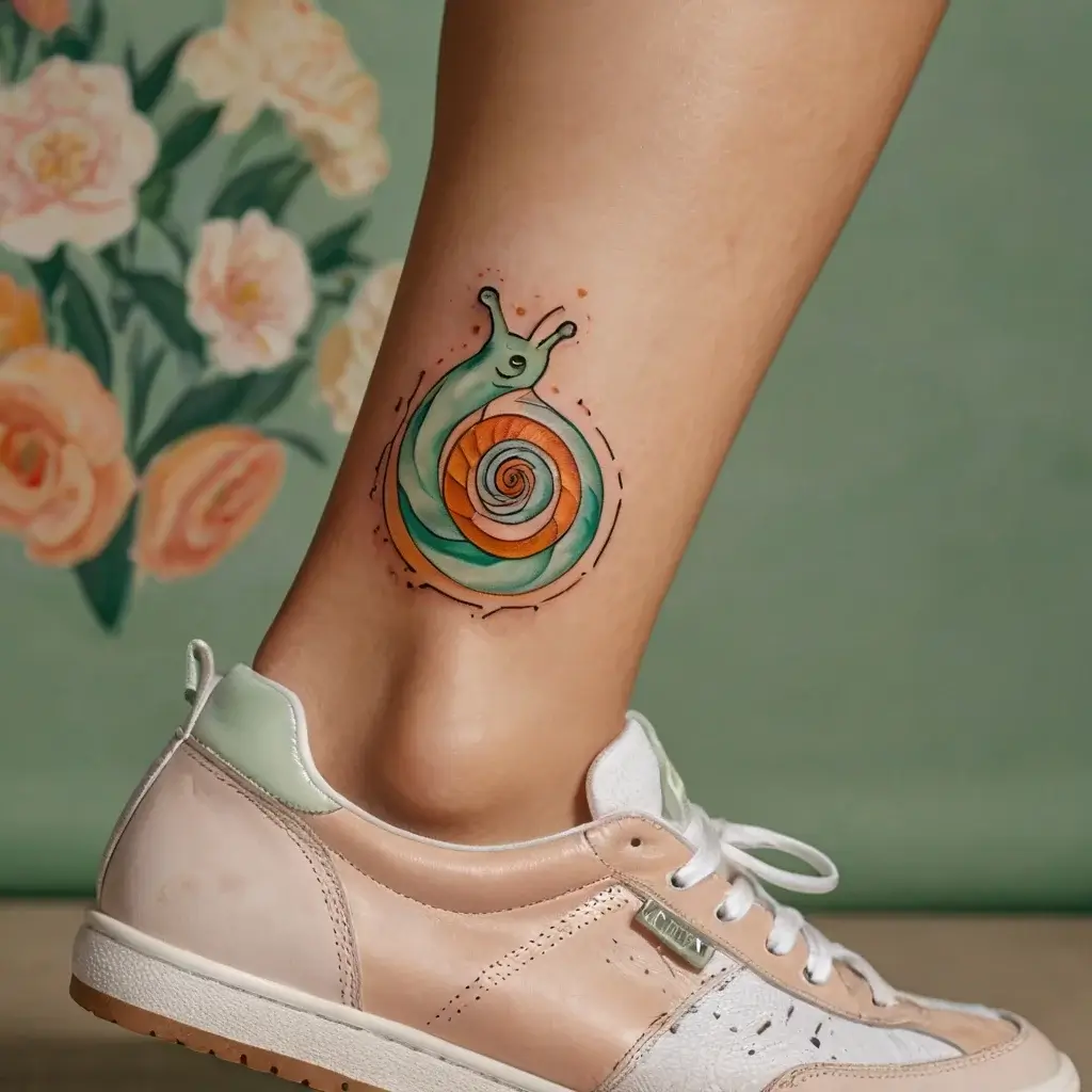 Colorful snail tattoo on the leg with a spiral shell in green, orange, and white hues, outlined with dotted accents.