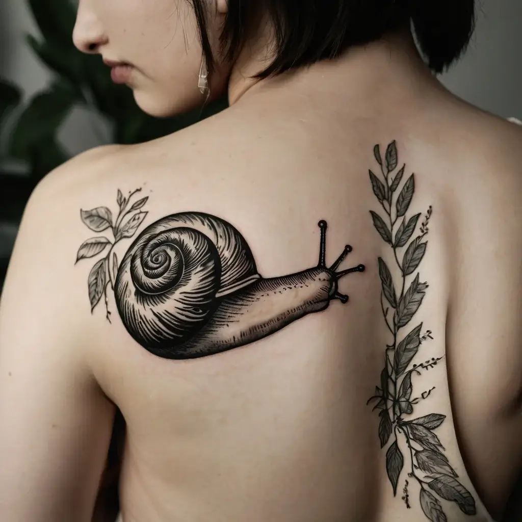 Tattoo of a detailed black snail on the shoulder, surrounded by vines with leaves, illustrating nature's harmony.