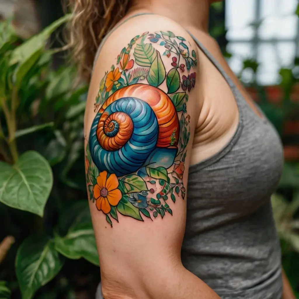 Colorful tattoo of a vibrant spiral shell surrounded by lush foliage and flowers on an upper arm, symbolizing nature.