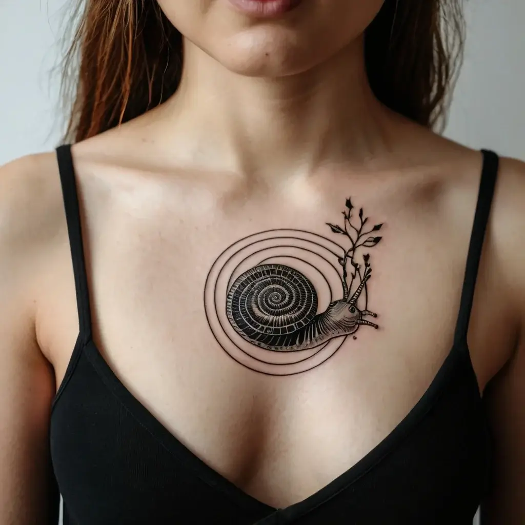 Tattoo of a detailed snail shell with geometric spiral pattern and branches, inked on the upper chest.