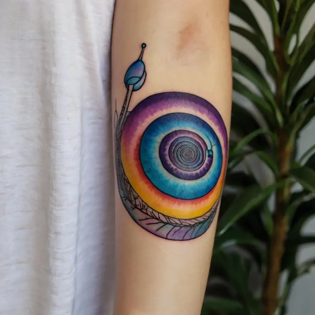 Colorful spiral snail tattoo with gradient hues of purple, blue, and orange on an arm. Geometric feather detail below.