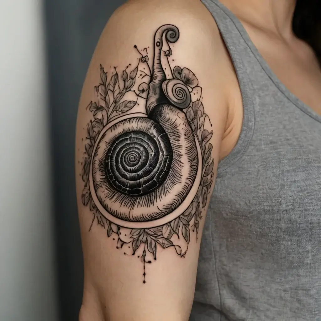 Detailed black and grey spiral snail tattoo with botanical elements on upper arm, blending nature with intricate line work.