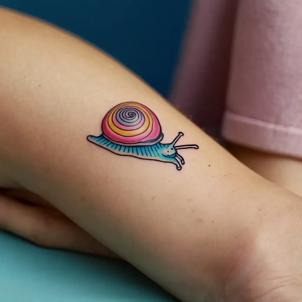 Tattoo of a vibrant snail with a colorful swirled shell in rainbow hues on a forearm, outlined in black.