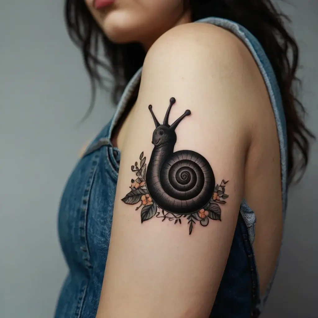 Snail tattoo on upper arm, featuring a detailed black spiral shell with floral elements in soft colors around it.