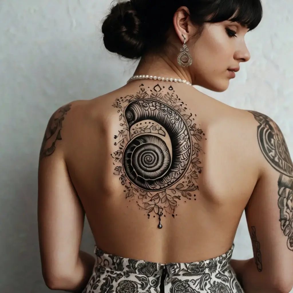 Intricate spiral shell tattoo on the back, adorned with floral accents and subtle geometric patterns, adding elegance and depth.