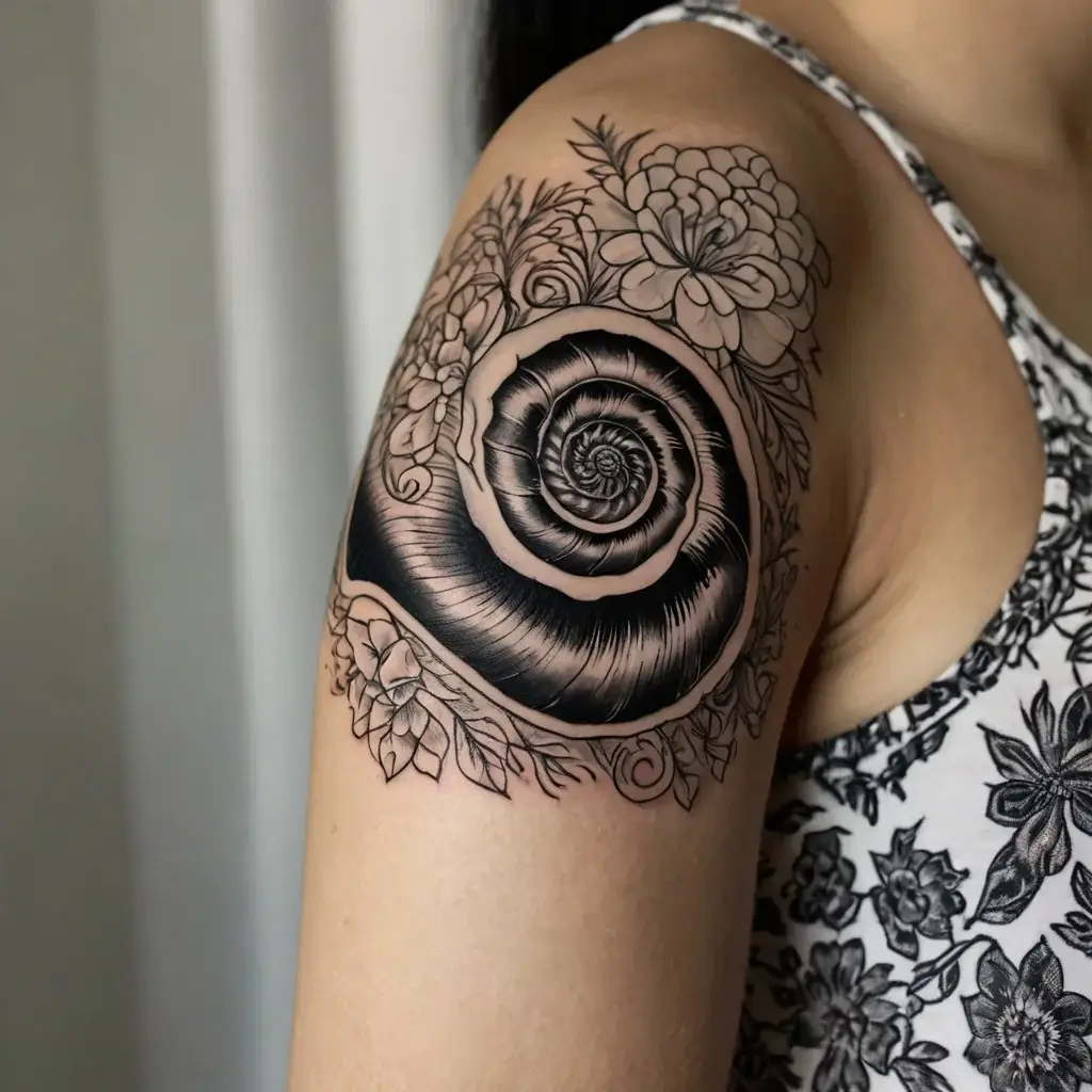 A black and gray tattoo featuring a detailed snail shell, surrounded by delicate flowers on the upper arm.