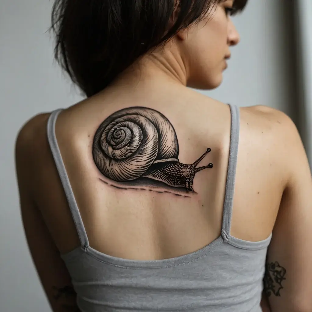 Black and grey tattoo of a realistic snail on upper back, showcasing intricate shell details and shading.