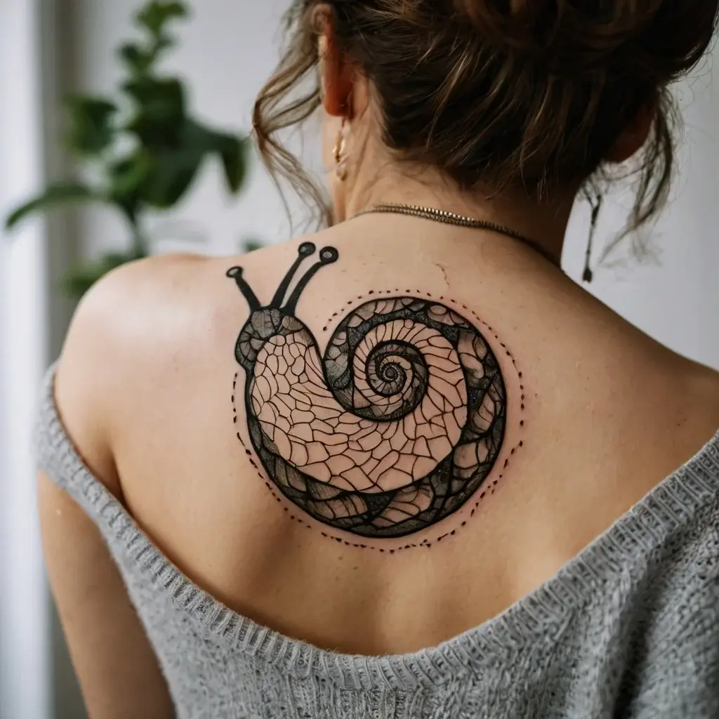 A stylized snail tattoo on the upper back, featuring intricate geometric patterns within a spiraling shell, outlined in black ink.