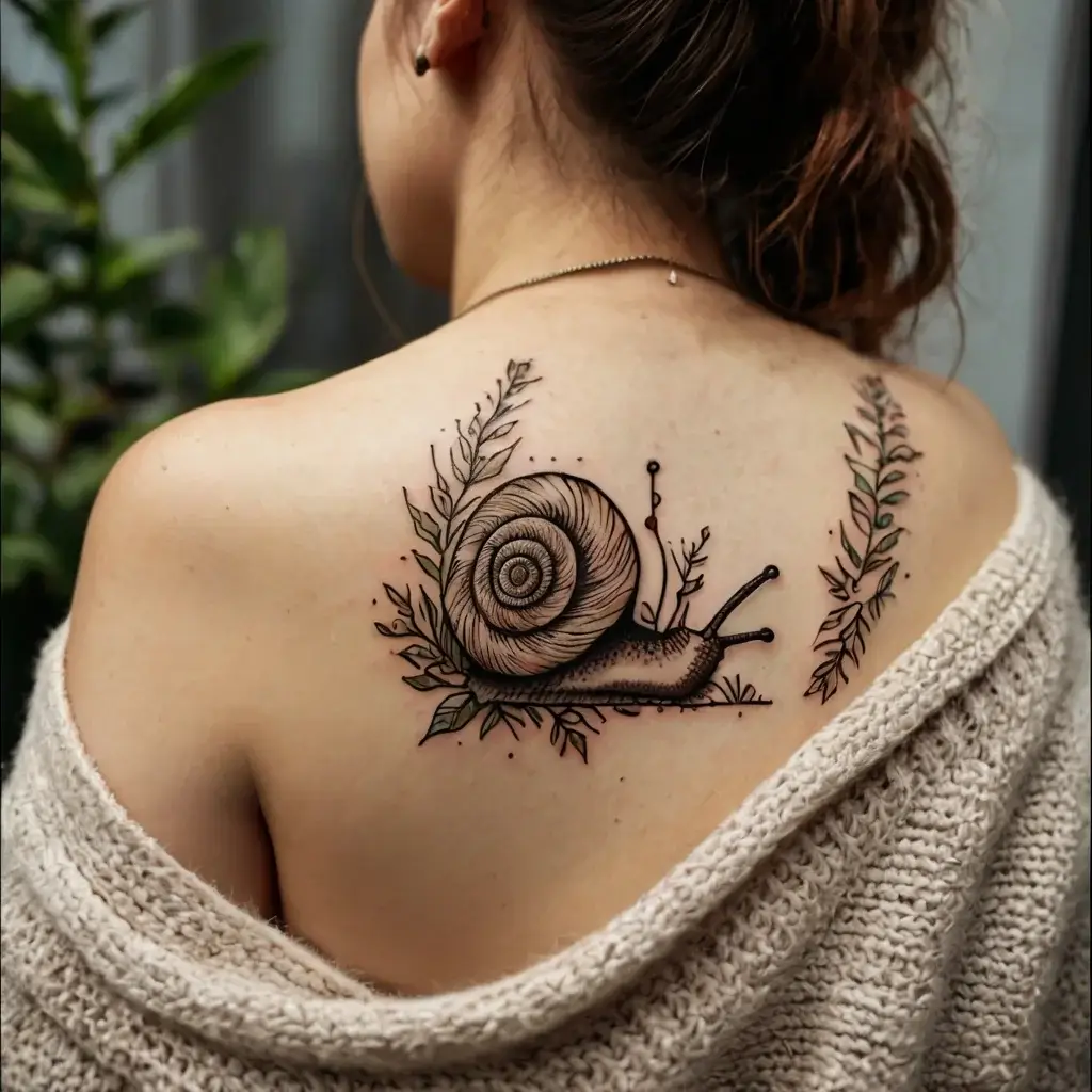 Tattoo of a detailed snail surrounded by delicate foliage on the upper back, symbolizing patience and nature's beauty.