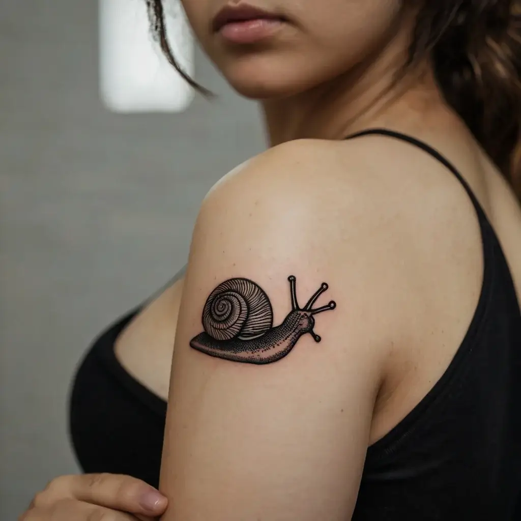 Fine line black snail tattoo on upper arm, detailed shell spiral, showcasing elegant shading and minimalistic design.