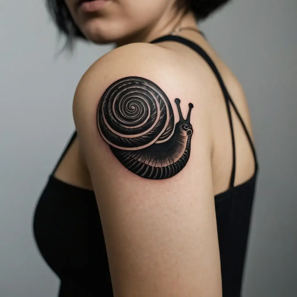 Tattoo of a stylized snail with a spiral shell, featuring bold black lines and shading on the upper arm.