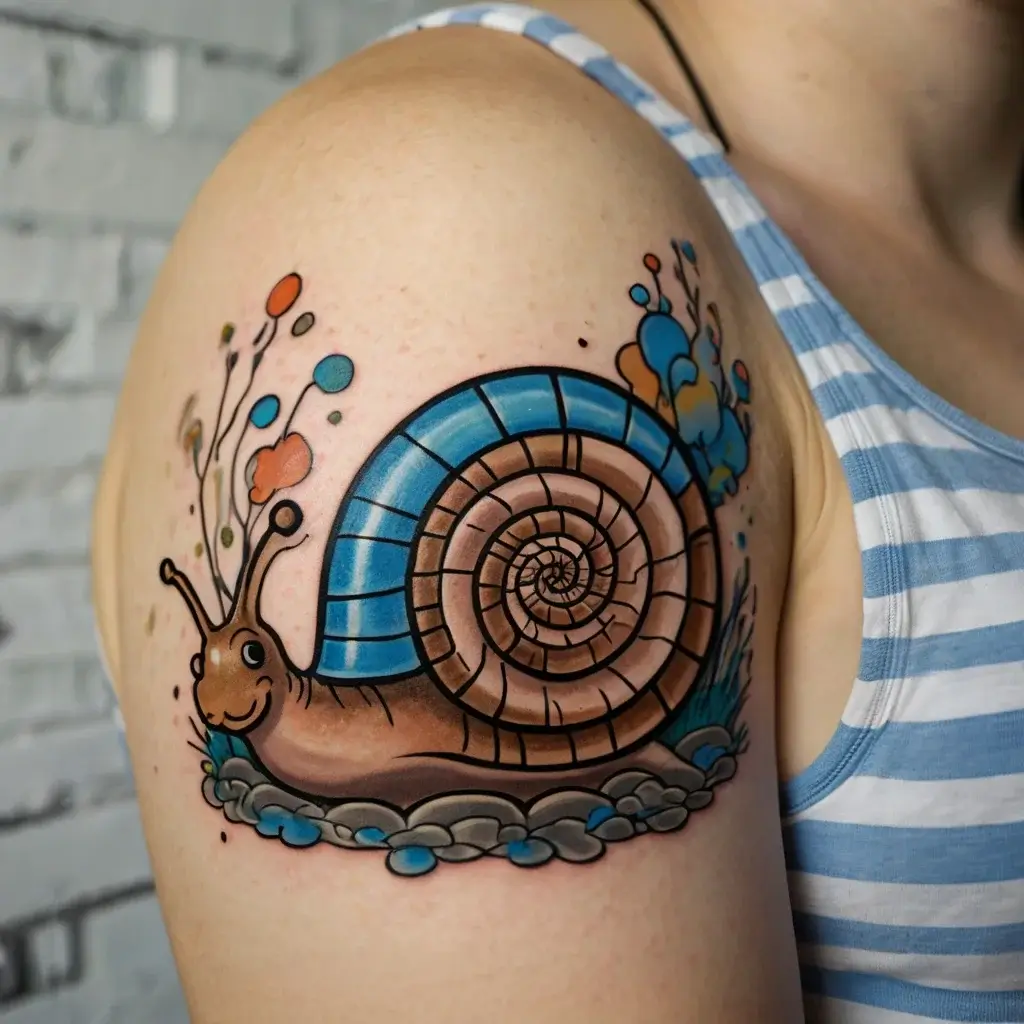 Colorful snail tattoo with a spiraled shell, surrounded by whimsical abstract plants in blue and orange hues.