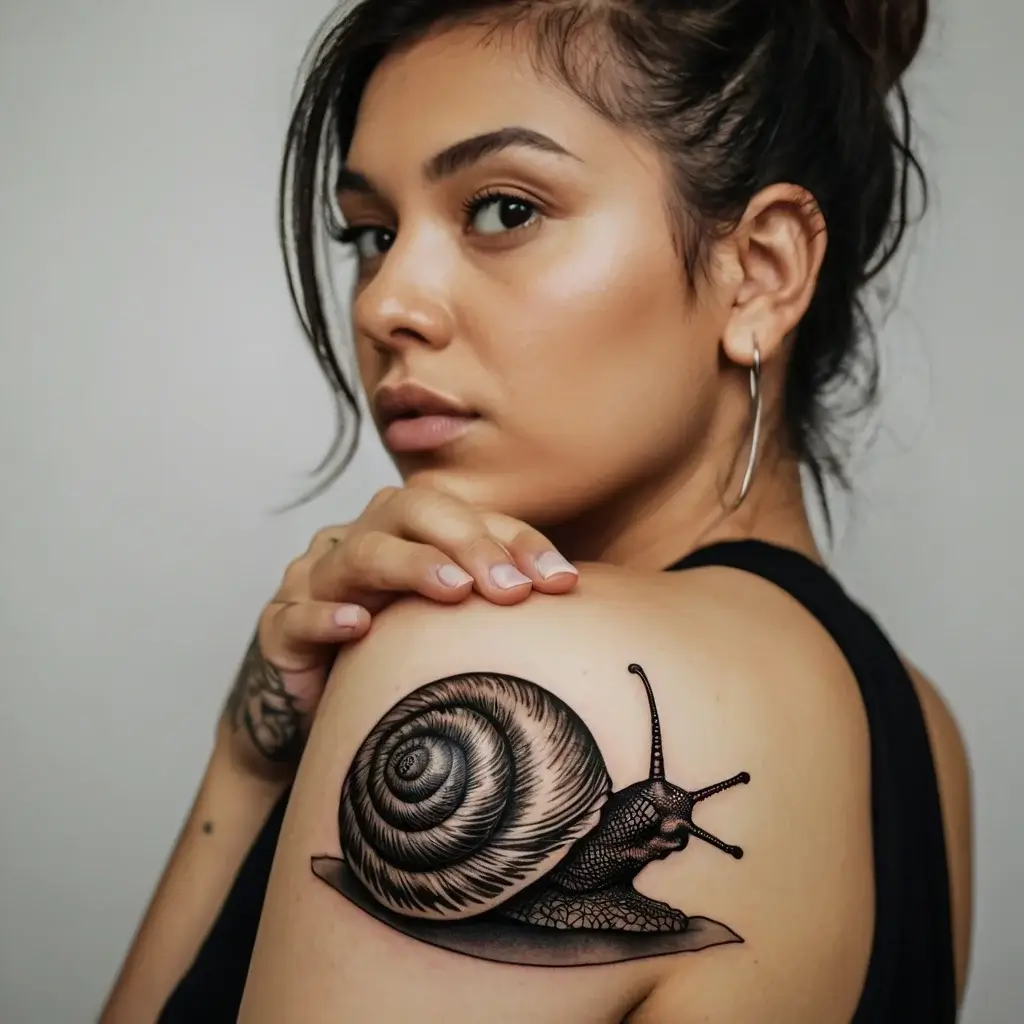 Realistic snail tattoo with detailed shell and shading on shoulder, symbolizing patience and transformation.