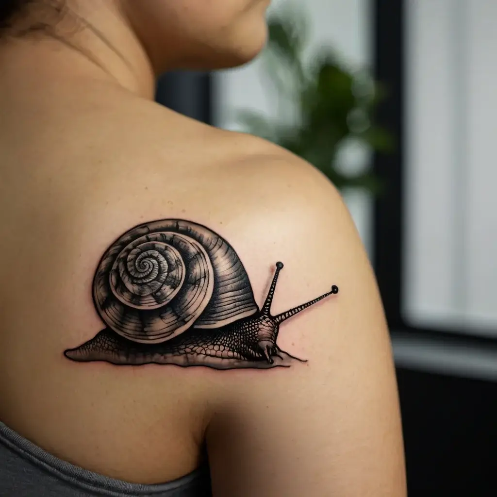 Realistic snail tattoo on shoulder, showcasing intricate shading and detailed shell texture, emphasizing nature’s elegance.