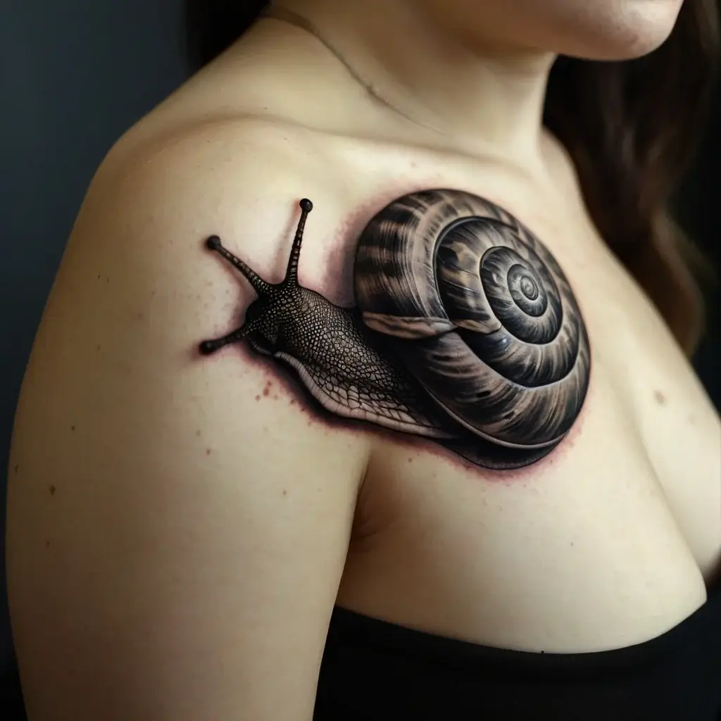 Realistic snail tattoo on shoulder, featuring intricate shell details and textured skin for a 3D effect.